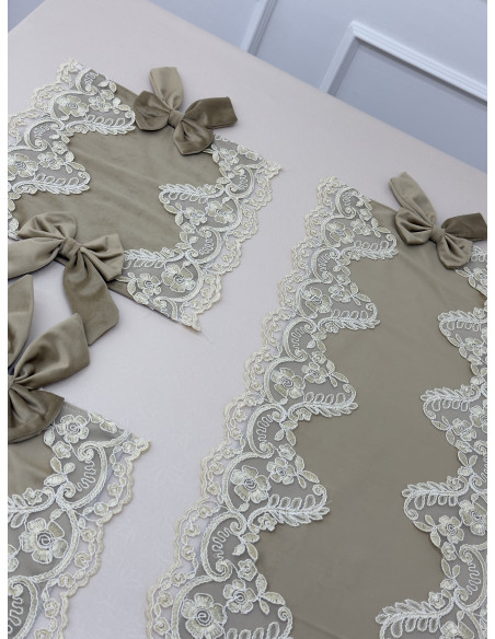 TRIS CENTRI VELLUTO TORTORA E REBRODE’ AVORIO