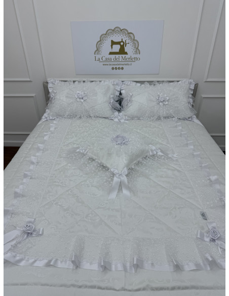 SET SPOSA TRAPUNTA GUANCIALI TRIS CENTRI CUSCINO E TAPPETO