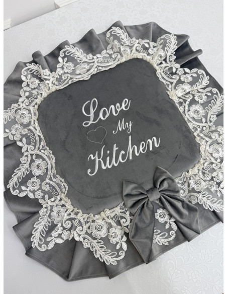 COPRI FORNELLO HOME VELLUTO GRIGIO E REBRDE BIANCO