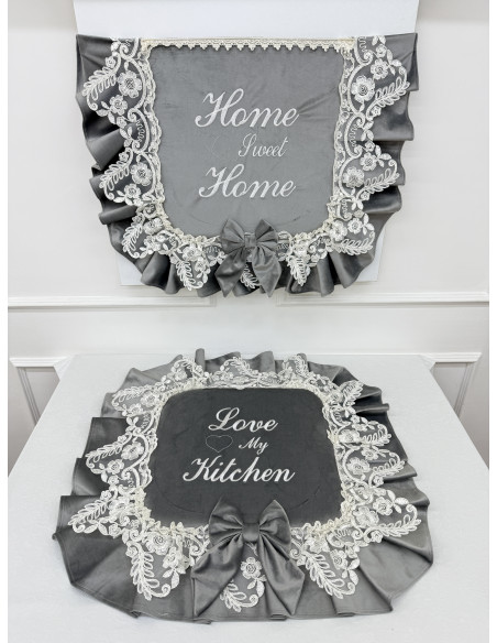 COPRI FORNELLO HOME VELLUTO GRIGIO E REBRDE BIANCO