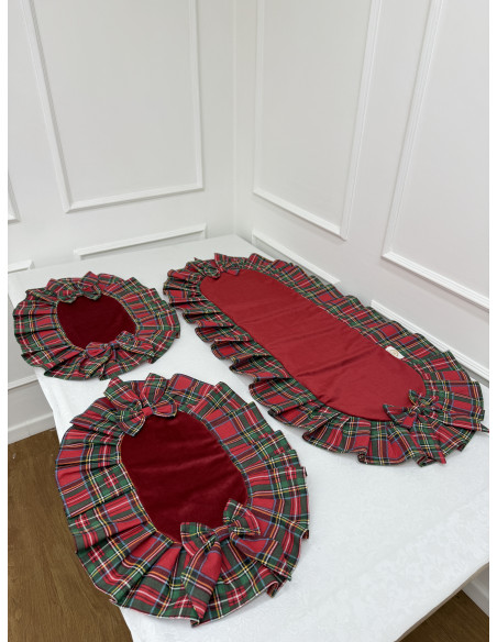TRIS CENTRI IN VELLUTO ROSSO E VOLA’ TARTAN