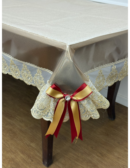TOVAGLIA IN PLASTICA BRONZO CON TULLE LUREX ORO E FIOCCHI BICOLORE