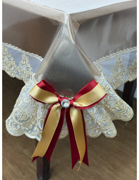 TOVAGLIA IN PLASTICA BRONZO CON TULLE LUREX ORO E FIOCCHI BICOLORE
