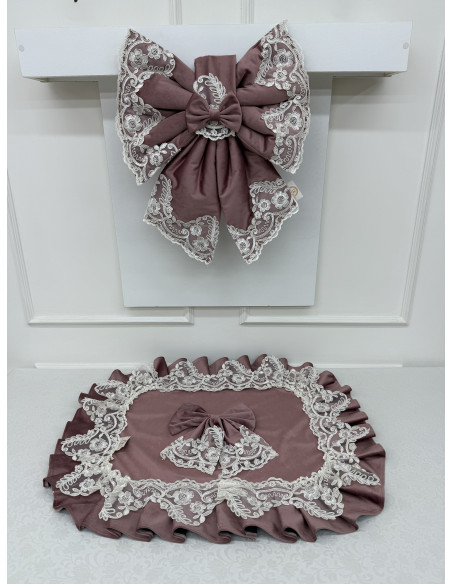 COPRI FORNO FIOCCO VELLUTO ROSA E REBRODE PANNA