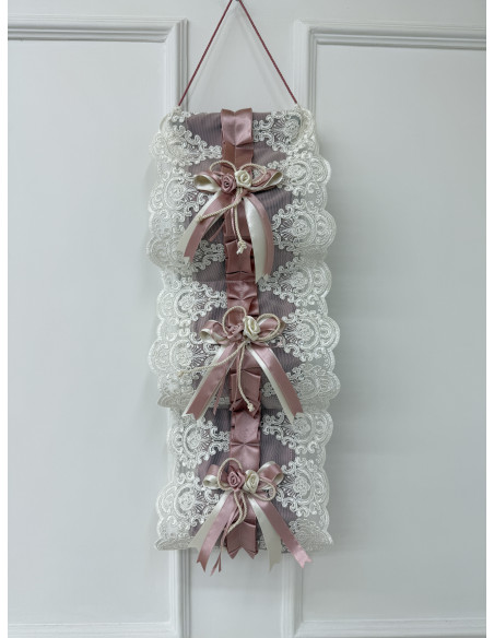 PORTAROTOLI VELLUTO ROSA E TULLE SWAROVSKI PANNA