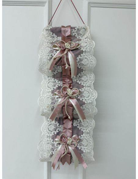 PORTAROTOLI VELLUTO ROSA E TULLE SWAROVSKI PANNA