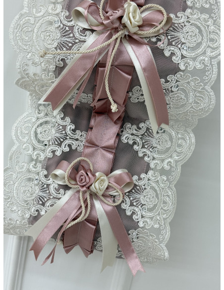 PORTAROTOLI VELLUTO ROSA E TULLE SWAROVSKI PANNA