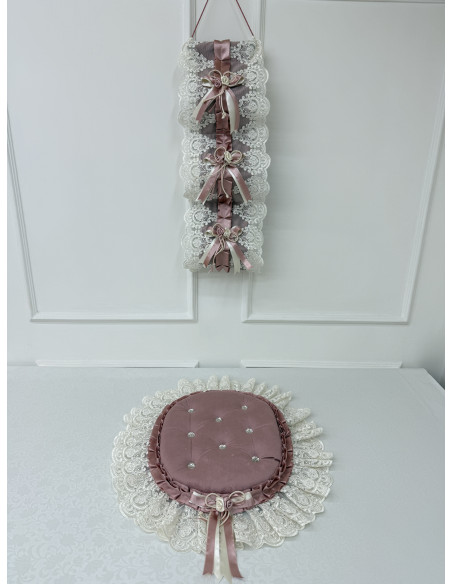 PORTAROTOLI VELLUTO ROSA E TULLE SWAROVSKI PANNA