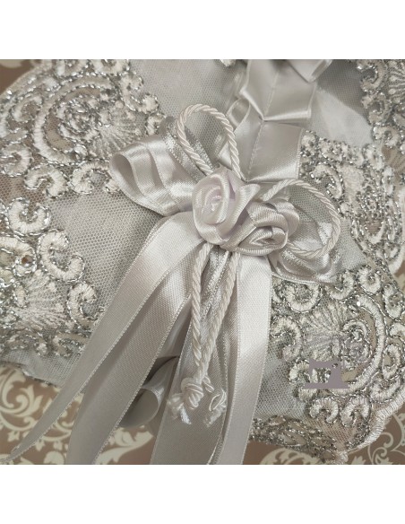 PORTAROTOLI IN STOFFA DAMASCATA E TULLE SWAROVSKI ARGENTO
